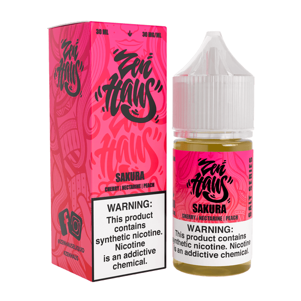 Zen Haus Sakura SALT nicotine salt bottle, 30mL, 30mg nicotine, with pink and white sakura floral design.