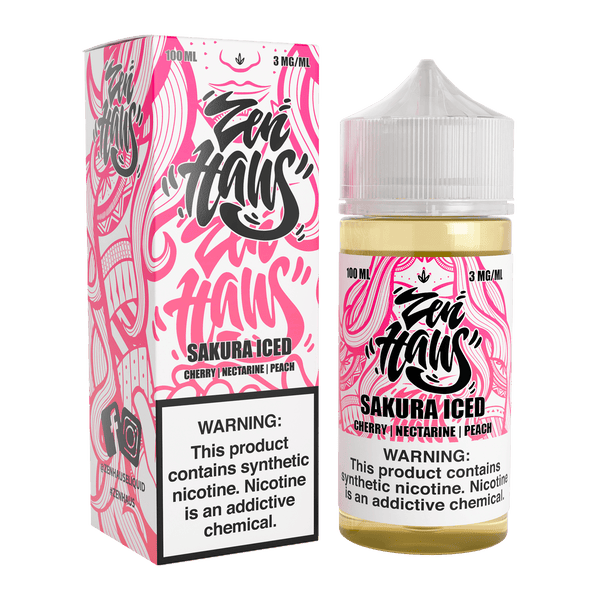 Zen Haus Sakura ICED vape juice bottle, 100mL with 3mg nicotine, featuring cherry blossom and icy menthol flavor.