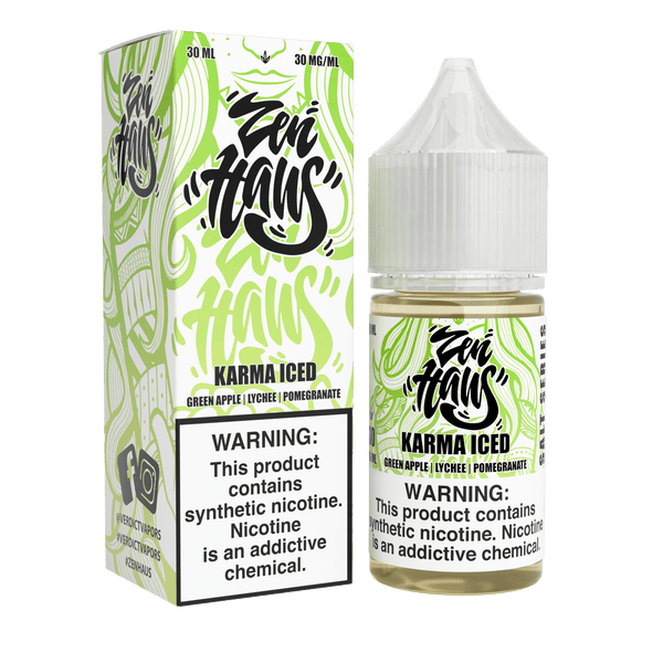 Zen Haus Karma ICED SALT nicotine salt e-liquid bottle, 30mL with icy mint flavor and 30mg nicotine strength.