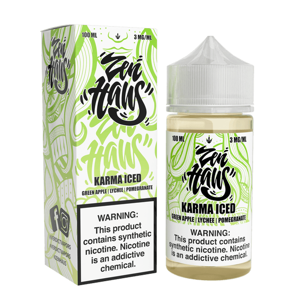 Bottle of Zen Haus Karma ICED vape juice in 100mL size with colorful packaging and branding on the label.