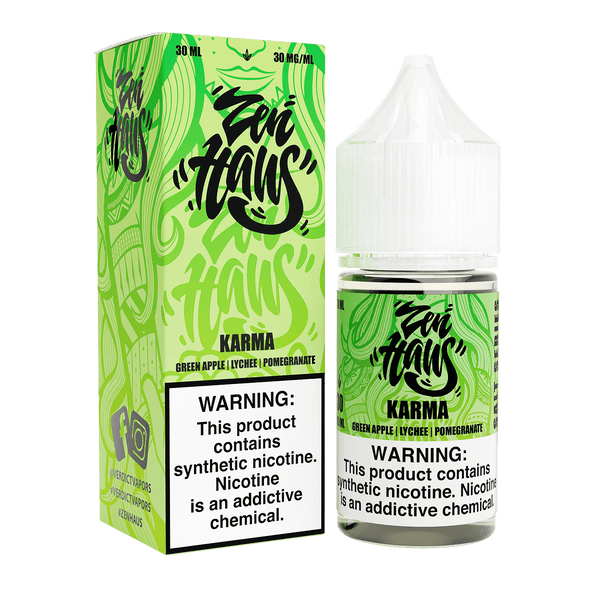 Zen Haus Karma SALT nicotine salt e-liquid bottle, 30mL with 30mg nicotine, featuring Zen Haus branding and clear labeling.