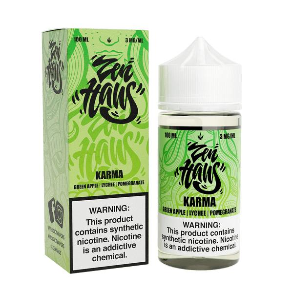 Bottle of Zen Haus Karma vape juice, 100mL size with 3mg nicotine, featuring sleek packaging and clear labeling.