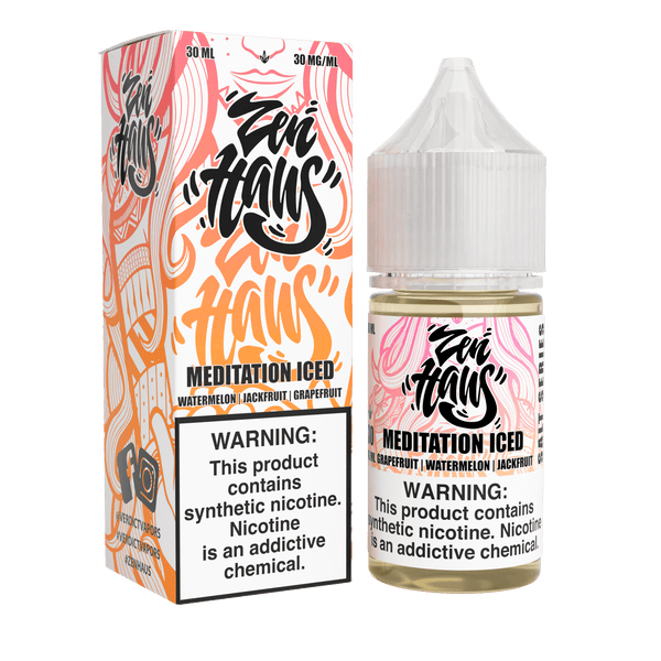 Zen Haus Meditation ICED SALT nicotine salt e-liquid bottle, 30mL with cooling mint flavor, designed for vaping.