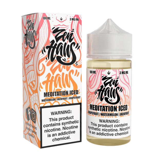Zen Haus Meditation ICED vape juice bottle, 100mL, 3mg nicotine, with a clear label and cooling mint flavor design.