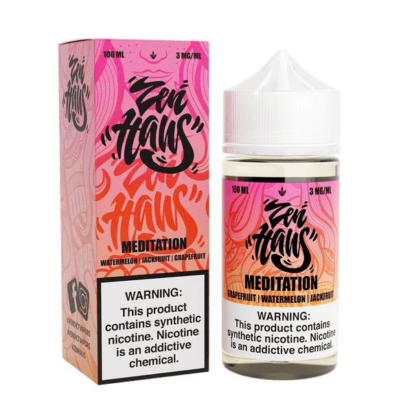 Zen Haus Meditation vape juice, 100mL bottle with sleek design, featuring calming branding and a nicotine strength of 3mg.