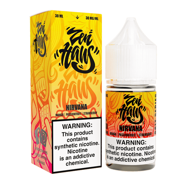 Zen Haus Nirvana SALT nicotine salt bottle with 30mL of clear liquid, designed for vaping, in a sleek 30mL container.