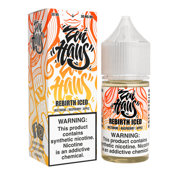 Zen Haus Rebirth ICED SALT nicotine salt e-liquid bottle with 30mL size and icy mint flavor, branded packaging visible.