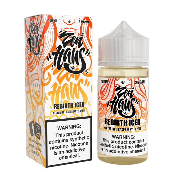 Zen Haus Rebirth ICED vape juice 100mL bottle with icy menthol flavor, featuring sleek packaging and vibrant branding.