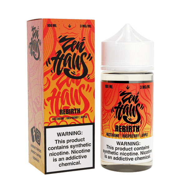 Zen Haus Rebirth vape juice in 100mL bottle with 3mg nicotine, featuring sleek packaging and vibrant design.