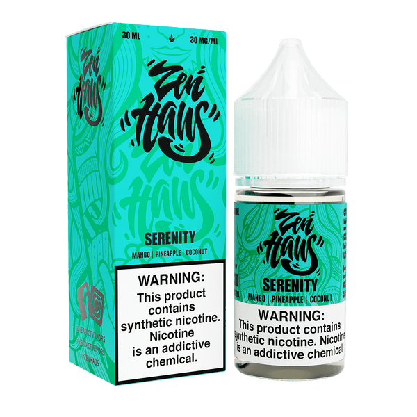 Zen Haus Serenity SALT nicotine salt e-liquid bottle with 30mL size and 30mg nicotine strength, featuring a sleek design.