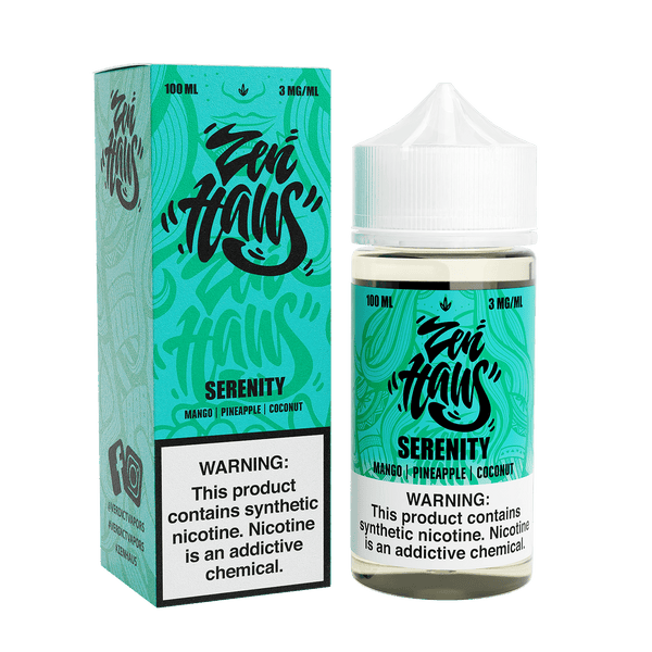 Zen Haus Serenity vape juice 100mL bottle, featuring a sleek design and calming branding for smooth, flavorful vaping.