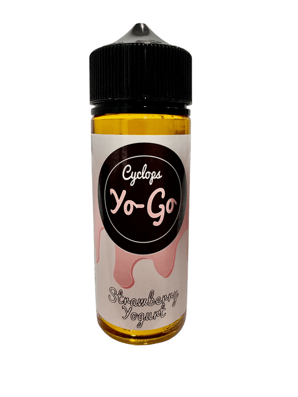 Bottle of Cyclops Vapor Strawberry Yogurt vape juice 120mL with colorful label featuring strawberries and yogurt imagery.