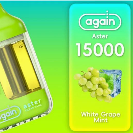 Again Aster 15K Disposable vape, rechargeable, with three nicotine strength options, shown with sleek design and compact size.