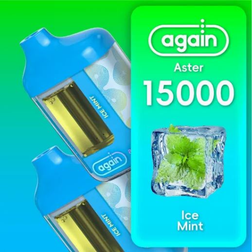 Again Aster 15K disposable vape with rechargeable design, featuring three nicotine strength options and sleek packaging.