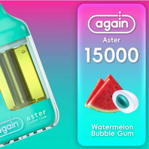 Again Aster 15K Disposable vape device with rechargeable design and three nicotine strength options, sleek and compact.