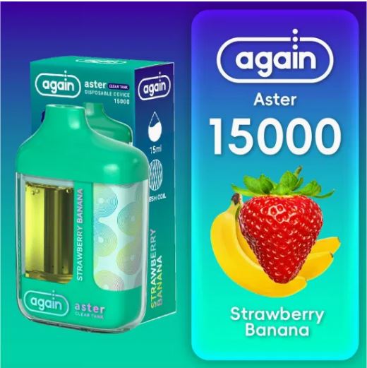 Again Aster 15K disposable vape device with rechargeable design, featuring three nicotine strength options.