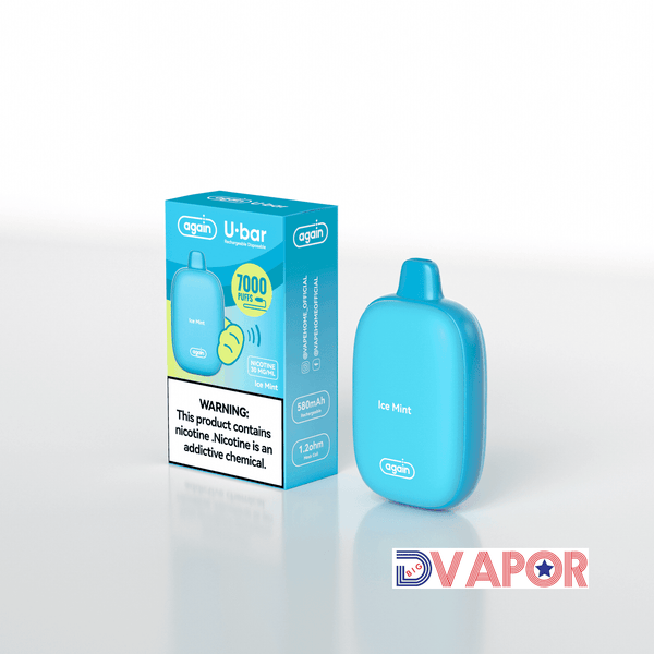 Again U-Bar 7000 Disposable Vape in sleek design, showing the compact, portable device with branding and colorful accents.