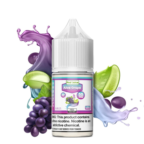 A 30mL bottle of Aloe Grape SALT e-liquid from Pod Juice, featuring a colorful label with aloe and grape imagery.