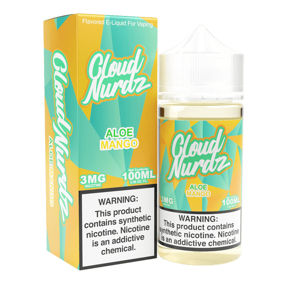 Bottle of Cloud Nurdz Aloe Mango e-liquid in 100mL bottle with colorful label, showcasing aloe and mango flavors.