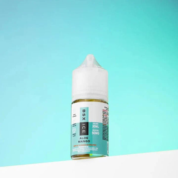 A 30mL bottle of BSX Vapor Aloe Mango ICE Salt E-liquid with vibrant label, featuring aloe, mango, and icy cool design.