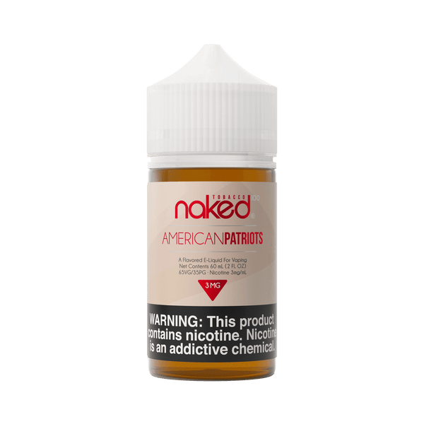 American Patriots Naked 100 60mL e-liquid bottle with colorful label featuring patriotic design and branding.
