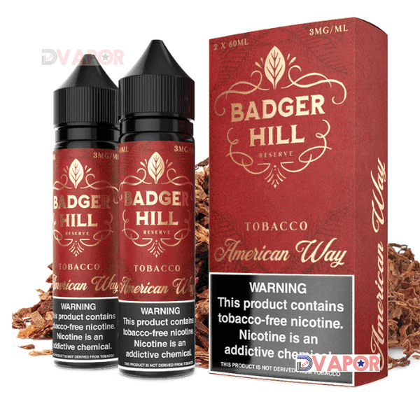 American Way Badger Hill Reserve e-liquid by Verdict Vapors in 120ml bottle, showcasing the packaging and branding.