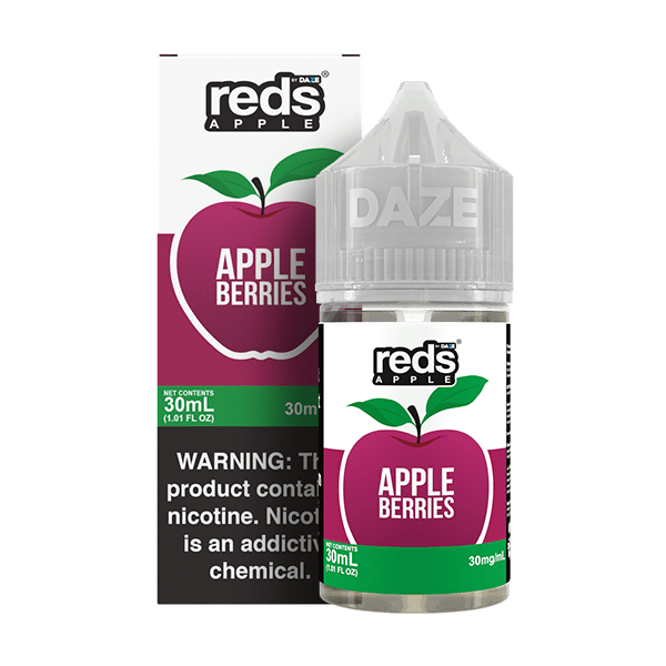 Red's Apple E-Juice Apple Berries SALT e-liquid bottle, 30mL, featuring a vibrant label with apple and berry illustrations.