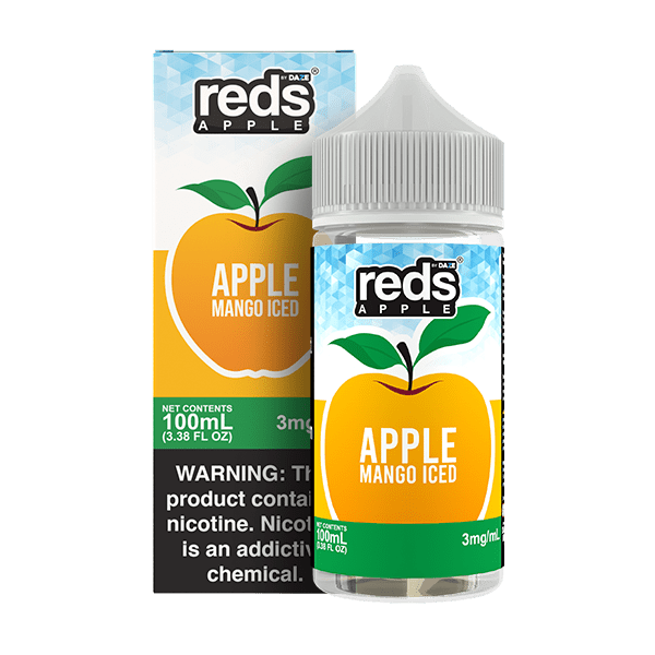 Red's Apple E-Juice Apple Mango Iced e-liquid in 100mL bottle, featuring a vibrant label with fruity and icy flavor imagery.