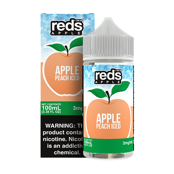 Apple Peach ICED e-liquid by Red's Apple E-Juice, 7 Daze, 100mL bottle with a vibrant label featuring apples and peaches.