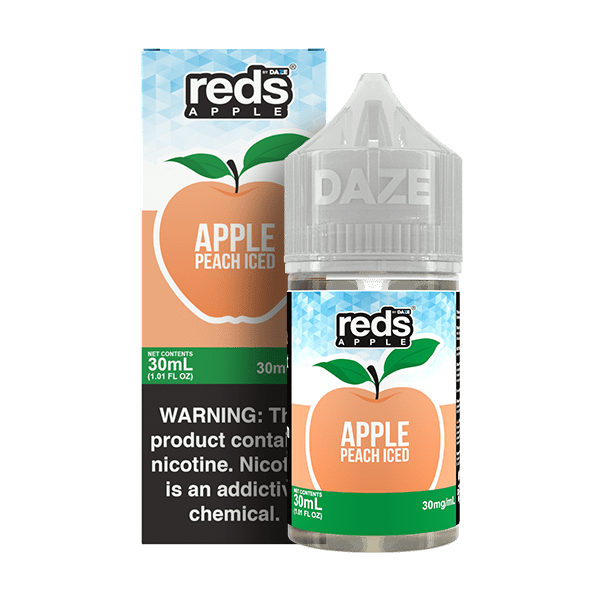 Bottled Apple Peach ICED SALT e-liquid by Red's Apple E-Juice from 7 Daze, 30mL, with flavor images on the label.