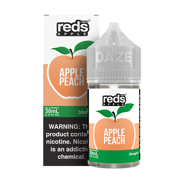 Apple Peach Salt e-liquid by Red's Apple E-Juice from 7 Daze, 30mL bottle, featuring apple and peach flavor visuals.
