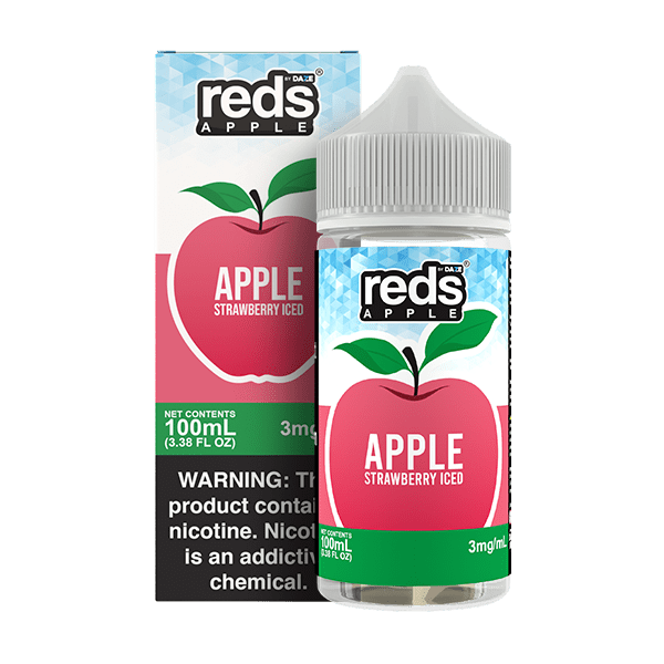 Apple Strawberry ICED e-liquid by Red's Apple E-Juice from 7 Daze, 100mL bottle with fresh apple and strawberry flavor, icy menthol finish.