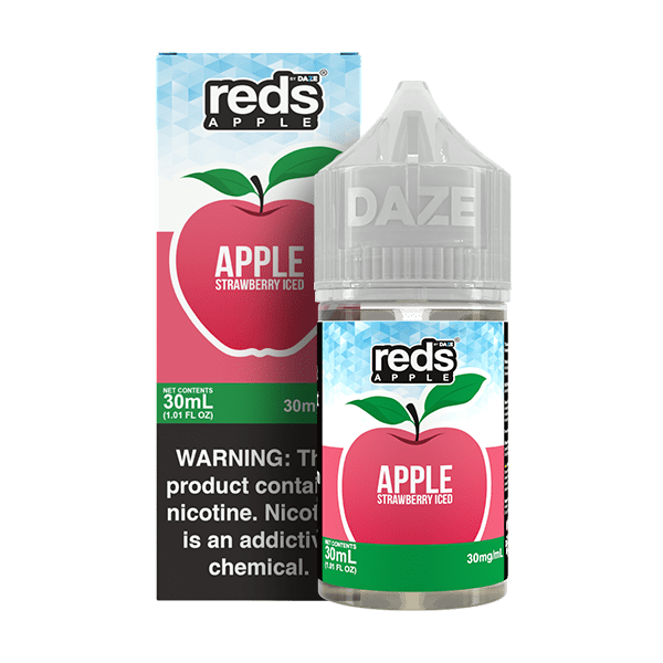 Bottle of Red's Apple E-Juice by 7 Daze Apple Strawberry ICED SALT e-liquid in 30mL bottle with colorful label.