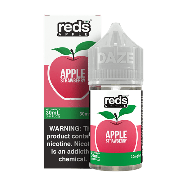 Bottle of Red's Apple E-Juice by 7 Daze with Apple Strawberry Salt flavor, 30mL e-liquid for vaping.
