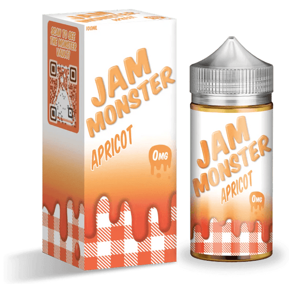 Apricot flavored Jam Monster E-Liquid in a 100mL bottle, featuring vibrant apricot fruit and jam imagery.
