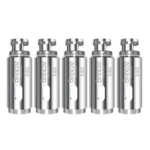 Aspire Breeze replacement coils for vape, cylindrical metal coils with wicking material, compatible with Aspire Breeze vaporizer.