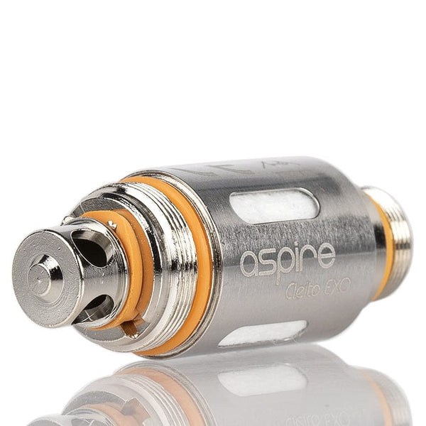 Aspire Cleito EXO replacement coils for vape, showing multiple metal coil heads with cotton wicks in a clear container.