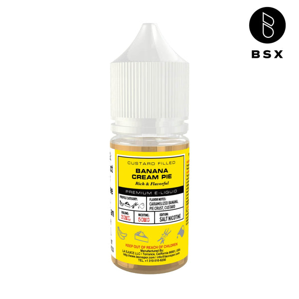 Banana cream pie flavored salt e-liquid by BSX Vapor in a 30mL bottle, featuring creamy banana and pie dessert notes.