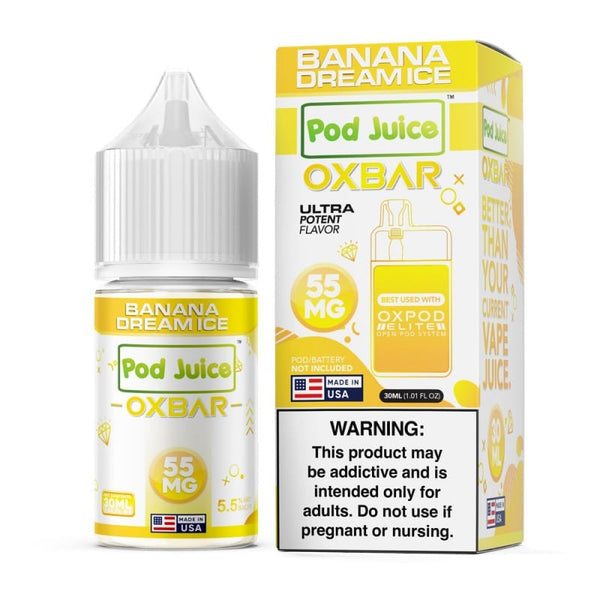 Banana Dream ICE Salt e-liquid by Pod Juice in 30mL bottle, featuring a banana and cool icy flavor profile.