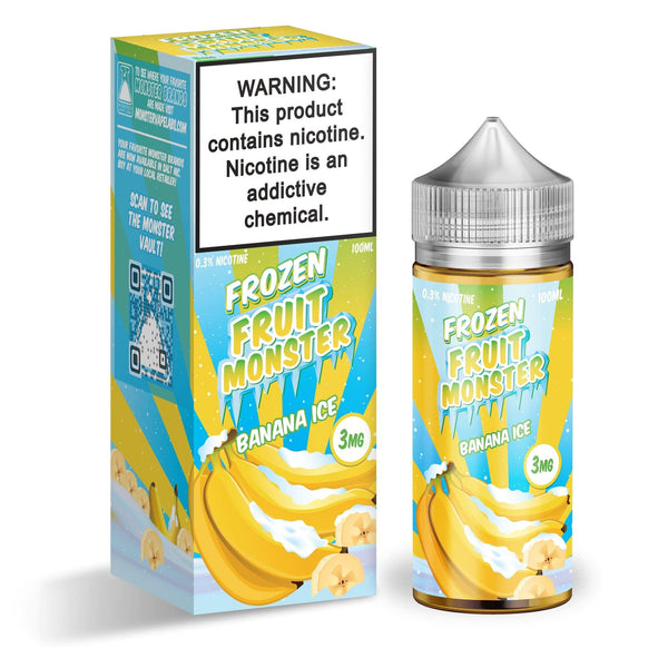 Banana ICE Fruit Monster 100mL e-liquid bottle with banana and icy menthol flavor design, clear label and vibrant colors.