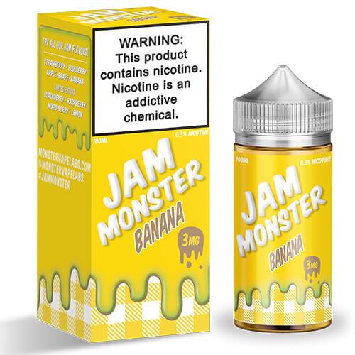 Banana Jam Monster E-Liquid bottle, 100mL size, featuring bright yellow packaging with banana and jam illustrations.