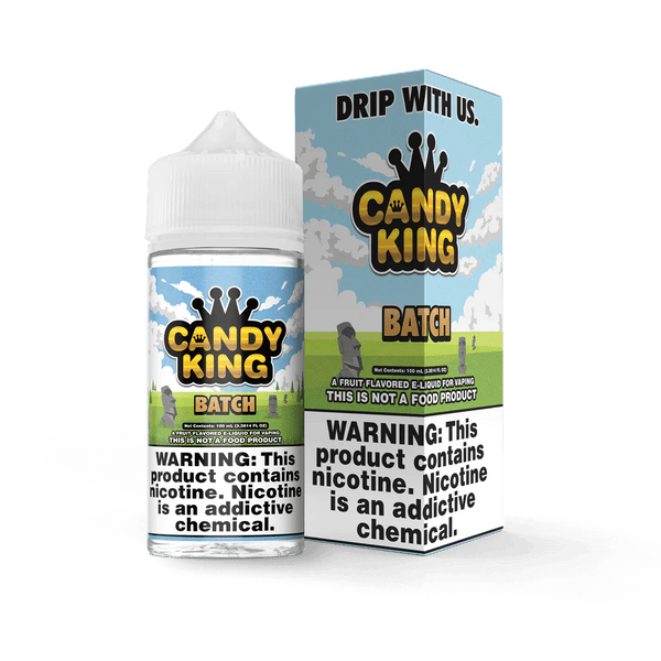 Batch Candy King 100mL e-liquid bottle with colorful label and cap, showcasing the popular vape juice flavor.