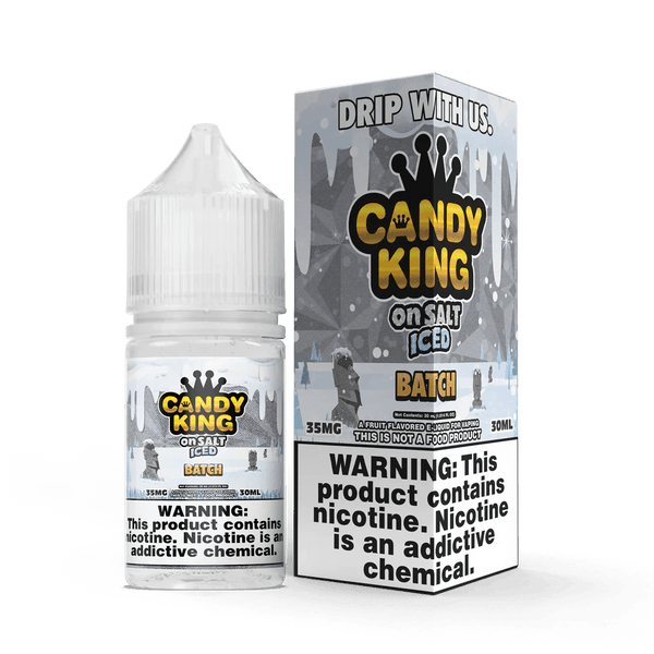 Bottle of Candy King Batch SALT on ICE e-liquid 30mL with icy, sweet candy flavor, displayed in clear packaging.