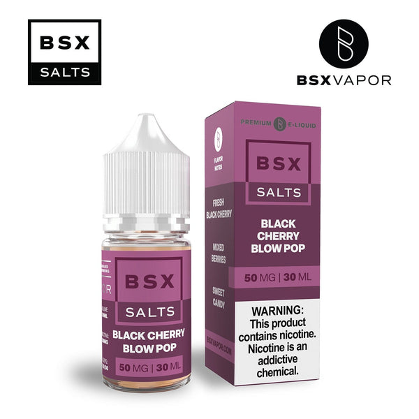 Black Cherry Blow Pop SALT e-liquid by BSX Vapor in 30mL bottle, featuring a cherry candy flavor with a salty nicotine salt formulation.