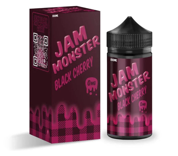Black Cherry Jam Monster E-Liquid 100mL bottle with label featuring black cherries and vibrant design, ideal for vaping.