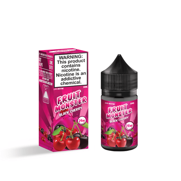 Black Cherry SALT e-liquid by Fruit Monster in a 30mL bottle, featuring dark cherry flavor with salt nicotine for vaping.