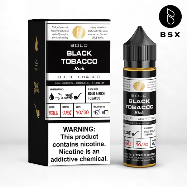 Black Tobacco BSX Series 60mL e-liquid bottle from BSX Vapor with dark label and black tobacco flavor.
