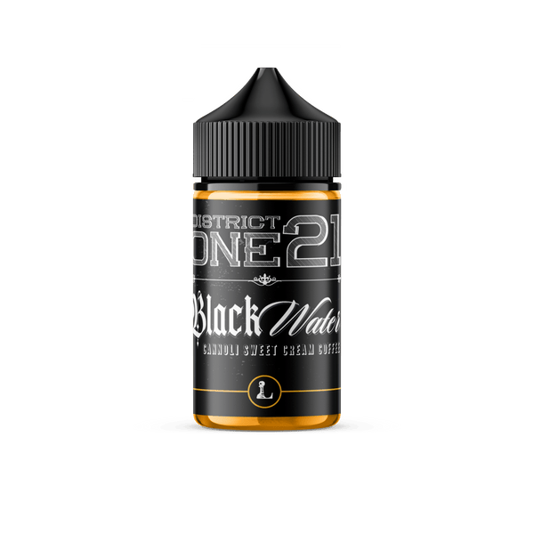 Black Water District One21 e-liquid by Five Pawns, 60mL bottle with dark liquid and sleek black label design.