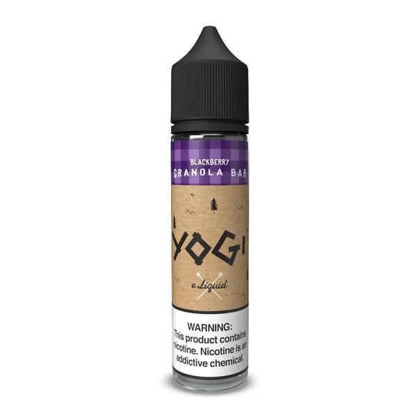 Yogi E-Liquid 60mL bottle featuring blackberry and granola bar flavor, with a label displaying the product details.