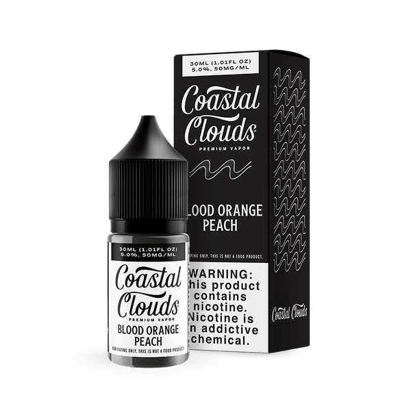 Blood Orange Peach Salt E-liquid by Coastal Clouds in 30mL bottle, featuring vibrant orange and peach flavor with smooth nicotine salt.